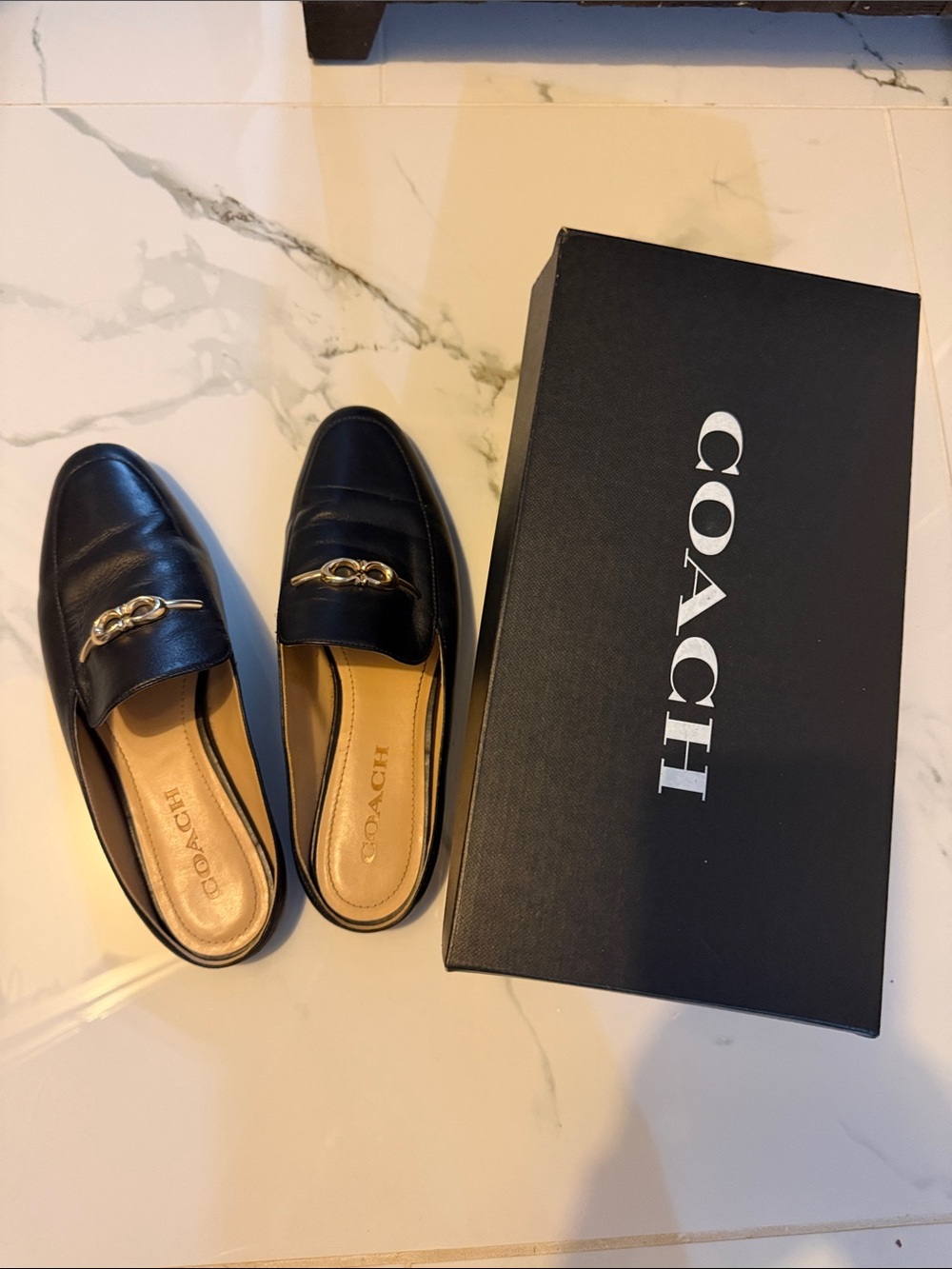 Authentic Ladies Coach Black Leather Mule Loafers with Gold Bit